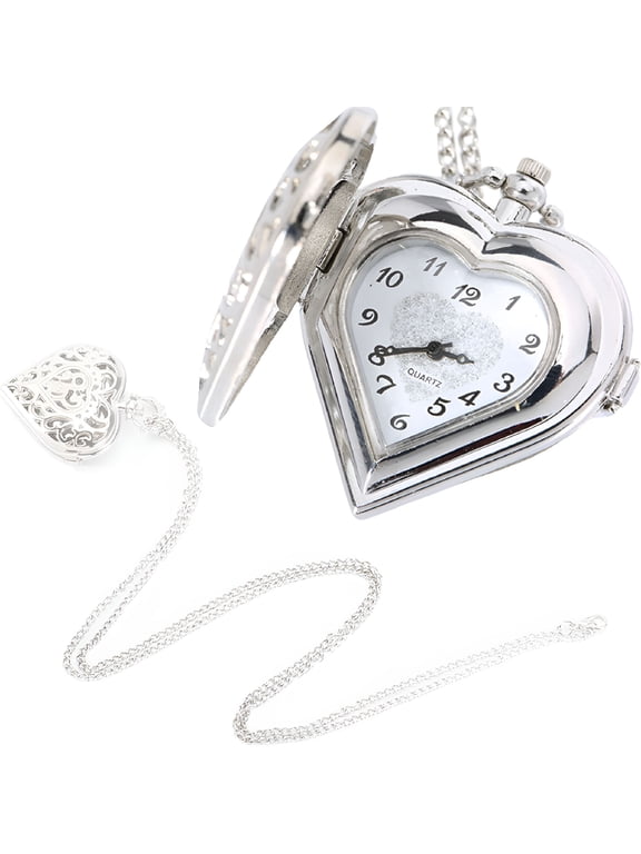 Heart Shaped Skeleton Pocket Watch Necklace, Vintage Silver