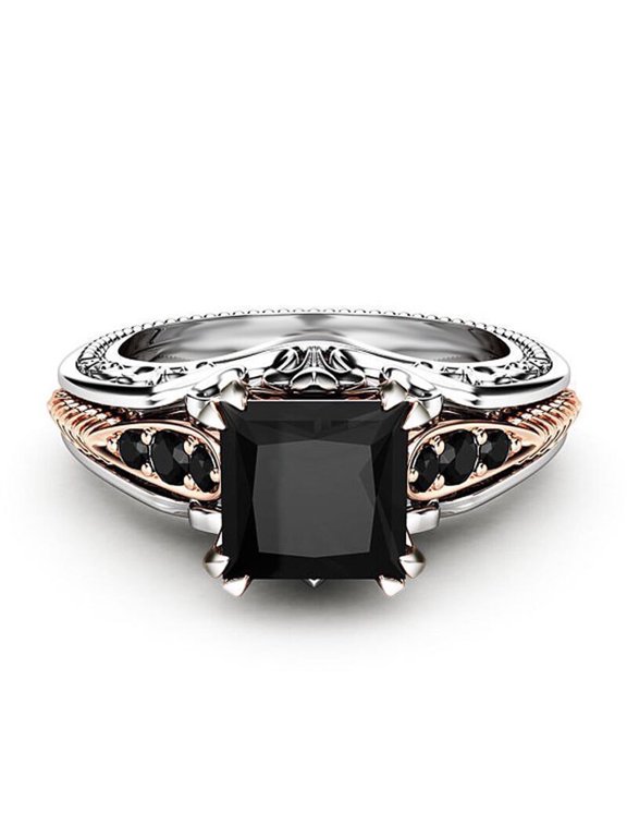 Rings for Women,Vintage Black Square Gemstone Ring,Silver-Plated Elegant Princess Design Rings,Perfect for Engagements,0.74in