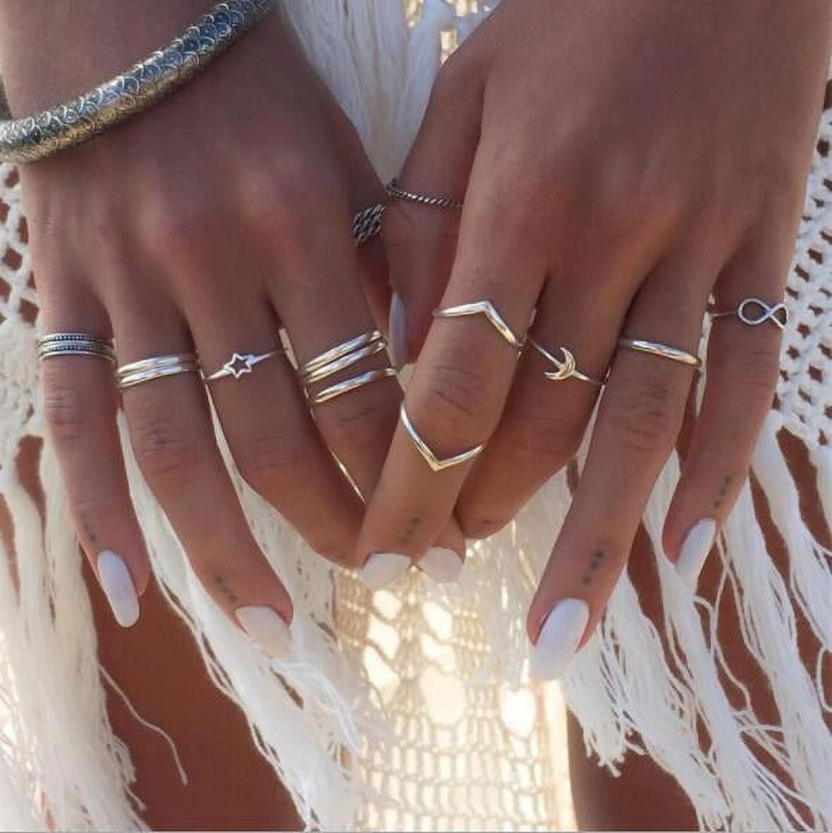 Designice Women Trendy 12 Pcs Boho Silver Star Moon Number 8 Moon V shaped Twist Joint Ring Knuckle Ring Set Stackable Teen Girls Ring Pack Jewelry