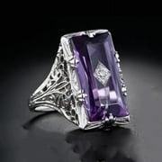 Women's Chamfer Rectangular Amethyst Hollow Flower Ring
