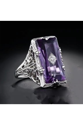 Women's Chamfer Rectangular Amethyst Hollow Flower Ring