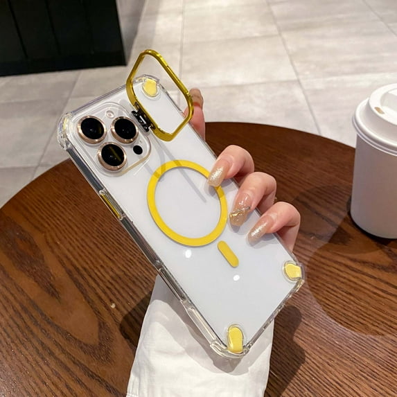 Designing For iPhone 14 Phone Case,Compatible with MagSafe,Built-in Camera Ring Stand,With Lens Film,Shockproof Rugged Anti-fall Transparent Ultra Slim Phone Case Cover,Yellow