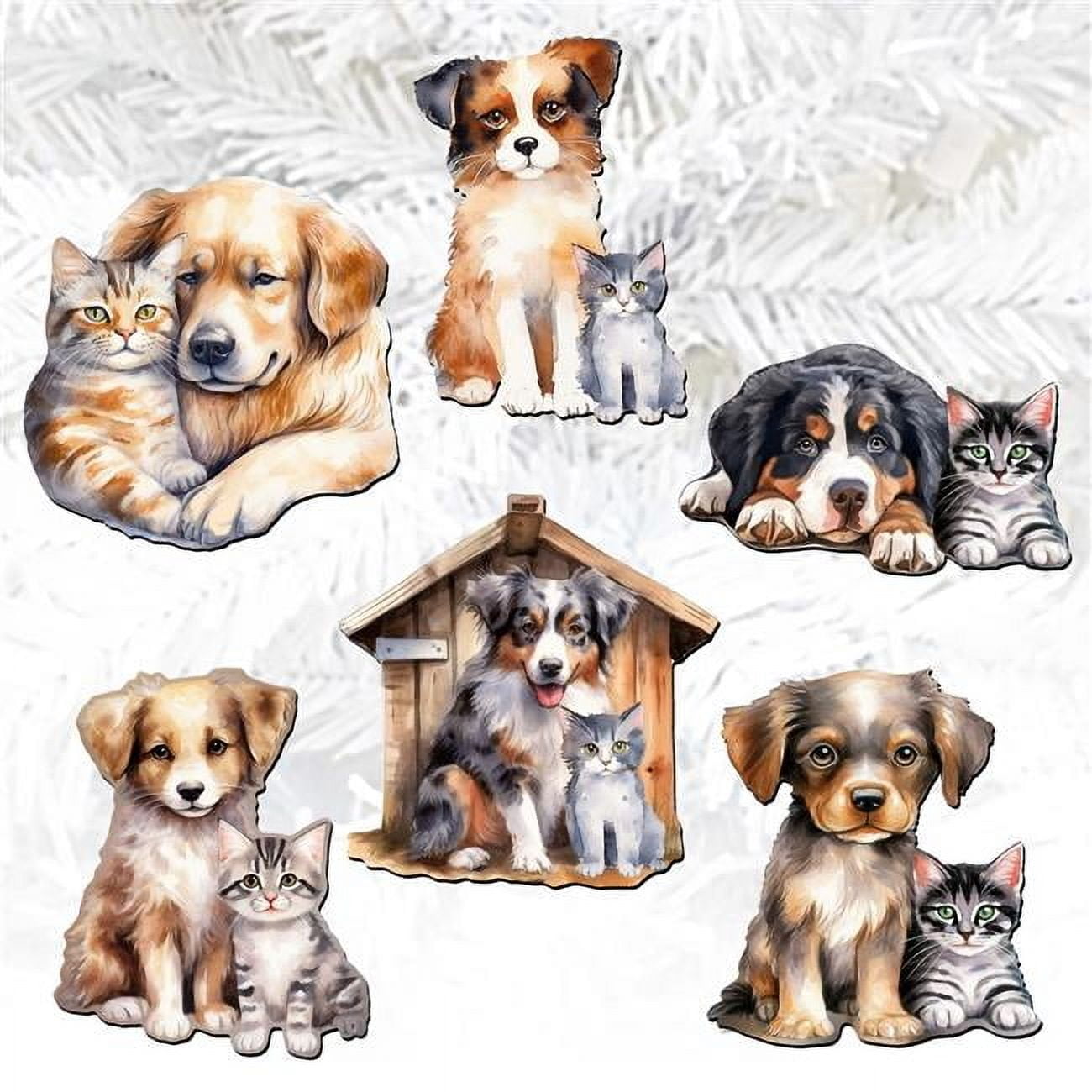 Rustic Wooden Dog and Cat Clip-On Ornaments Set