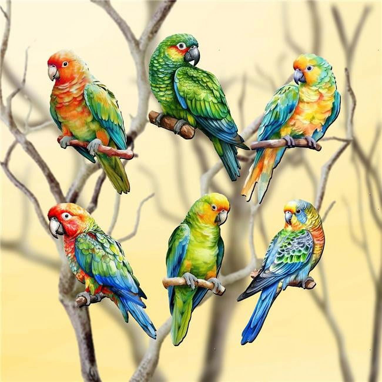 Colorful Parrots Wooden Clip-On Ornaments Set of 6