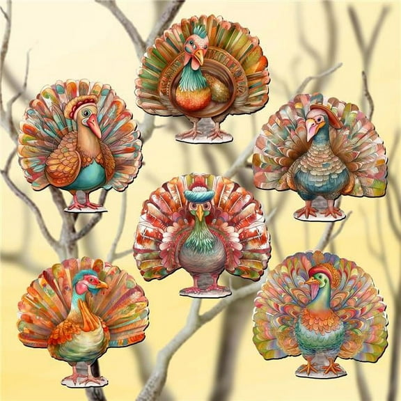 Turkey Decorative Wooden Clip-on Ornaments Set of 6 by G. Debrekht - Thanksgiving Decor - 8090027C-S6