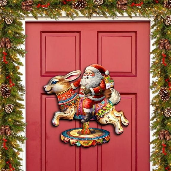 Santa Claus on Bunny Carousel Holiday Door Decor by G. Debrekht - Christmas Santa Snowman Decor - 8611067H