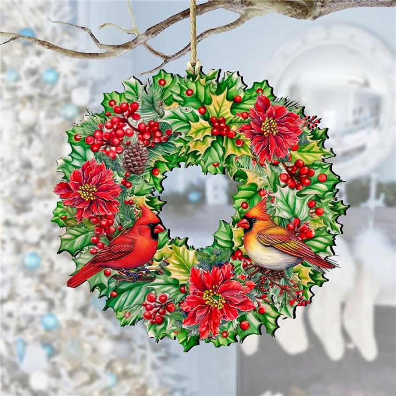 Holiday Cardinal Garland Wreath with Red Flowers and Green Leaves