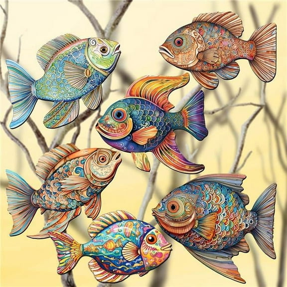 Designocracy 8090034C-S6 2 x 2 x 0.25 in. Fish Decorative Wooden Ornaments Coastal Decor, Set of 6