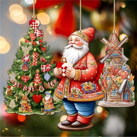 Designocracy 8091302S3 4.5 x 3 in. Santa Aroubf the World Danish Inspired Santa Wooden Ornaments, Set of 3