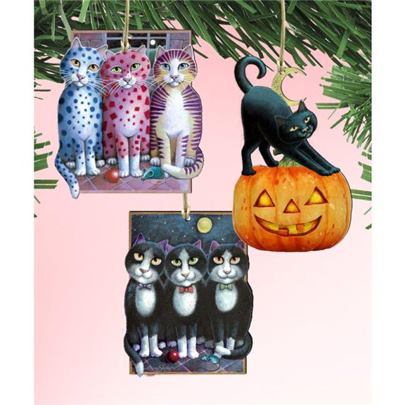 Designocracy 8100094S3-LS 5 x 5.5 in. Halloween Patty Cats Wooden Ornaments - Set of 3