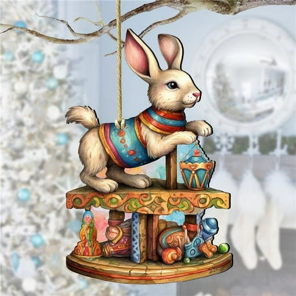 Designocracy 8100195-3 5 x 5.5 x 0.25 in. Carousel Bunny with Toys Wooden Christmas Decor Ornaments