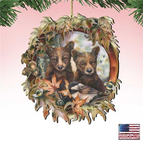 Designocracy 8591850-JB-S2 5 x 5.5 in. Simple Joys Black Bear Cubs Bees Wooden Ornaments - Set of 2