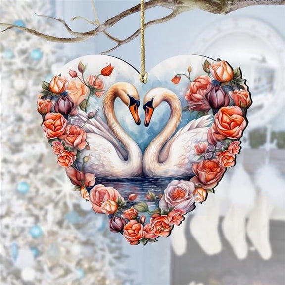 Designocracy 8611038 5 x 5.5 x 0.25 in. Swans Love Wooden Love Kids Family Decor Ornaments