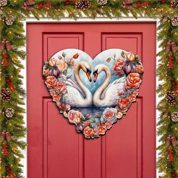 Designocracy 8611038H 24 x 18 in. Swans Love Holiday Love Kids Family Door Decor