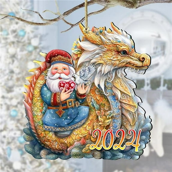 Designocracy 8611088-24 5 x 5.5 x 0.25 in. Santa with Dragon Wooden Christmas Decor Ornaments
