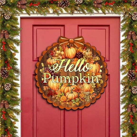 Hello Pumpkin Front Door Welcome Sign, Wooden Front Porch Decor by G. Debrekht Thanksgiving Halloween Decor - 933120H