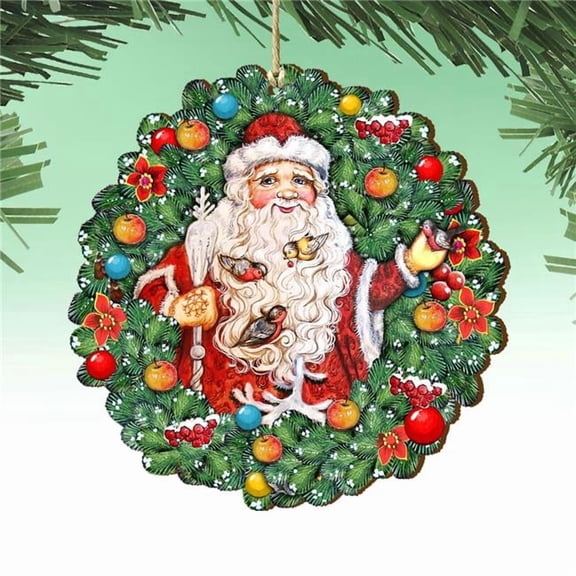 Designocracy Set of 2 Santa with Birds Wreath Wooden Christmas Ornaments 5.5"