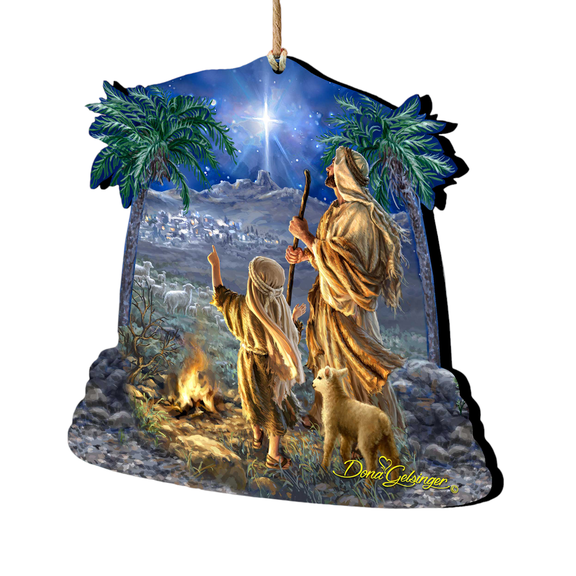 Designocracy Set of 2 Shepherds Stargazing with Sheep Wooden Christmas Ornaments 5.5"