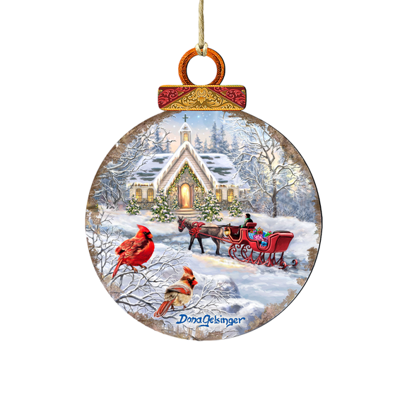 Designocracy Set of 2 Sleigh Ride with Perching Cardinals Wooden Ornaments 5.5"