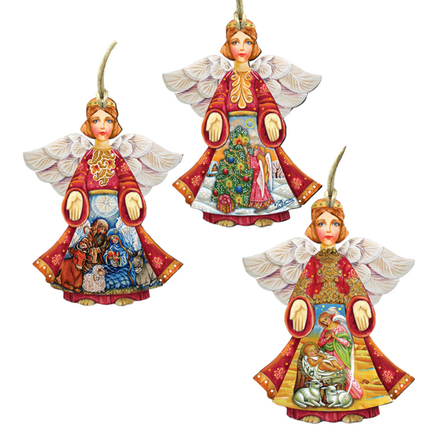 Designocracy Set of 3 Guardian Angels Nativity Scenes Wooden Christmas Ornament 5.5"