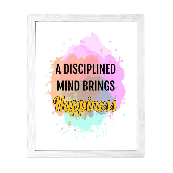 Designs ByLITA A Disciplined Mind Brings Happiness, 5 x 7 White Framed Wall Art Print | Buddhist Quotes Motivational Decor