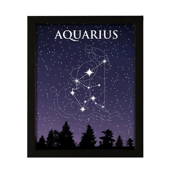 Designs ByLITA Aquarius Zodiac Sign Night Sky, 11 x 14 Black Wall Print Inspirational (Framed) | Home and Office Decor | Astrology Star Sign Bedroom Decoration | Perfect Gift