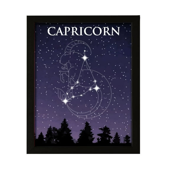 Designs ByLITA Capricorn Zodiac Sign Night Sky, 8 x 10 Black Wall Print Inspirational (Framed) | Home and Office Decor | Astrology Star Sign Bedroom Decoration | Perfect Gift