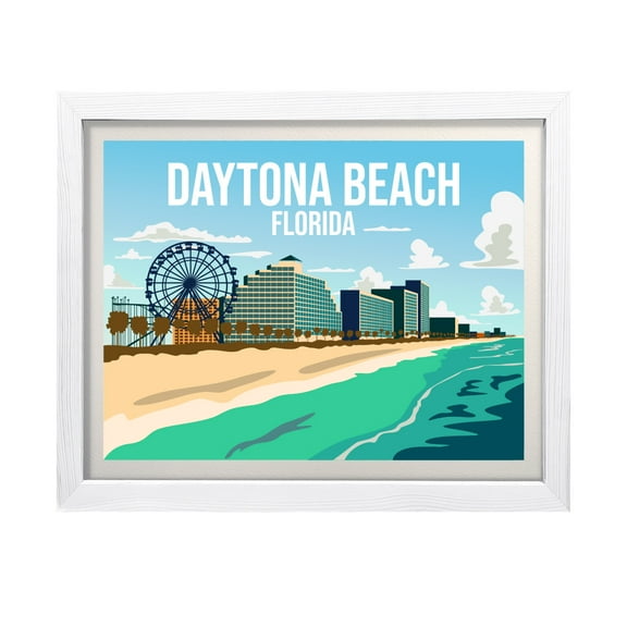 Designs ByLITA Daytona Beach Florida, 11 x 14 White Wall Print (Framed) | Multiple Frame Options | Stylish Retro Famous US Beach Art
