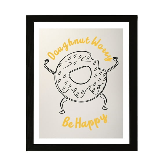 Designs ByLITA Doughnut Worry Be Happy, 8 x 10 Black Wall Print Inspirational (Framed) | Doughnut Retro Kitchen Decoration