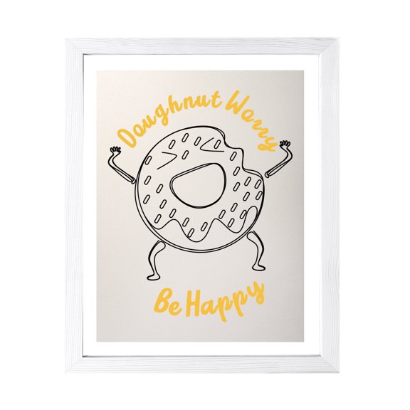 Designs ByLITA Doughnut Worry Be Happy, 8 x 10 White Wall Print Inspirational (Framed) | Doughnut Retro Kitchen Decoration
