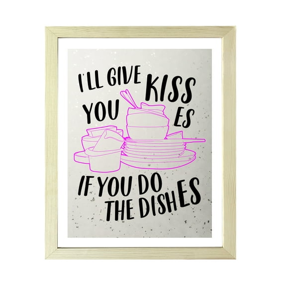 Designs ByLITA I'll Give You Kisses If You Do The Dishes, 11 x 14 Wooden Wall Print Inspirational (Framed) | Funny Retro Kitchen Decoration