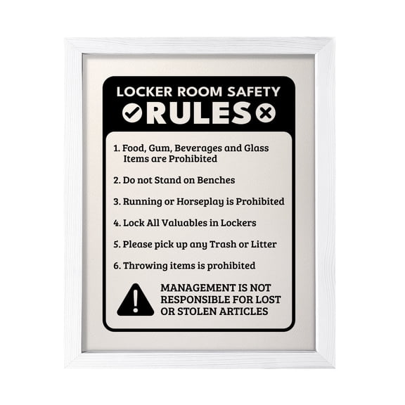 Designs ByLITA Locker Room Safety Rules, 11 x 14 White Wall Print (Framed) | Retail Store Decoration