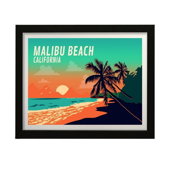 Designs ByLITA Malibu Beach California, 5 x 7 Black Wall Print (Framed) | Multiple Frame Options | Stylish Retro Famous US Beach Art