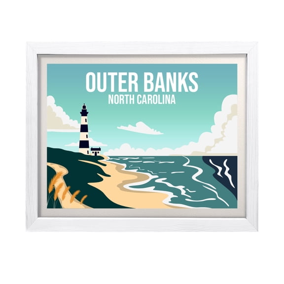 Designs ByLITA Outer Banks North Carolina, 8 x 10 White Wall Print (Framed) | Multiple Frame Options | Stylish Retro Famous US Beach Art