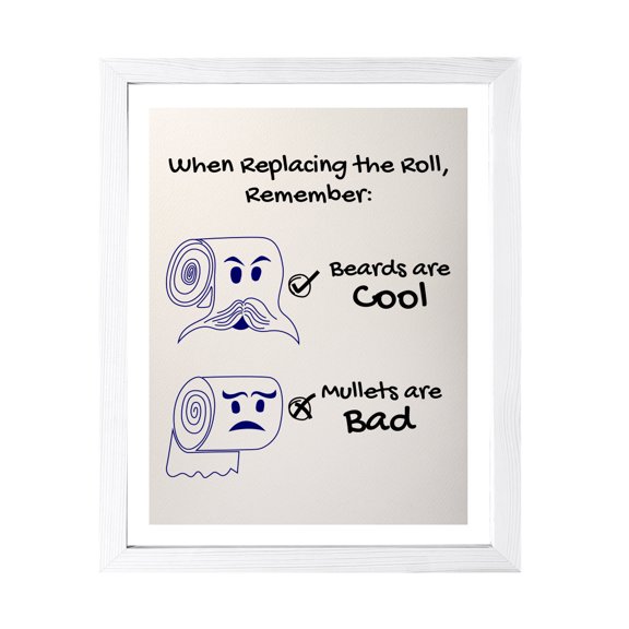 Designs ByLITA When Replacing The Roll Remember Beards Are Cool Mullets Are Bad, 11 x 14 White Wall Print Inspirational (Framed) | Funny Bathroom Decoration