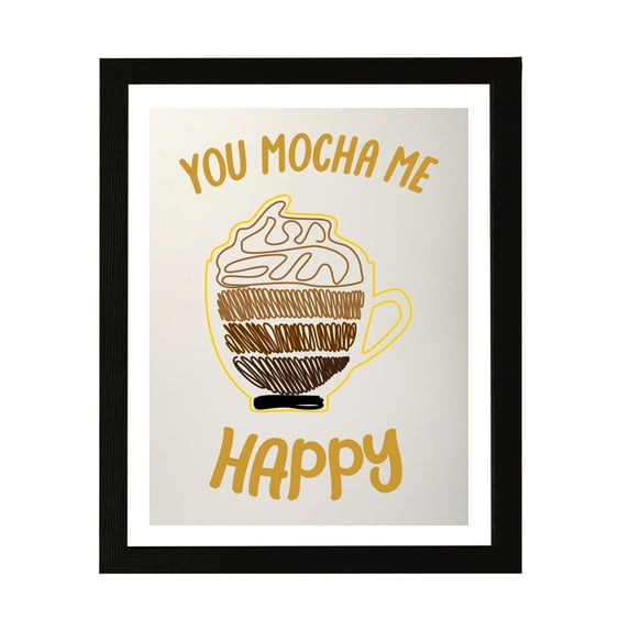 Designs ByLITA You Mocha Me Happy, 11 x 14 Black Wall Print Inspirational (Framed) | Retro Coffee Bar Decoration