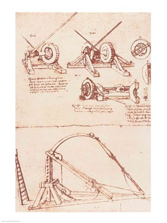 Designs for a Catapult Canvas Art - Leonardo Da Vinci (18 x 24)