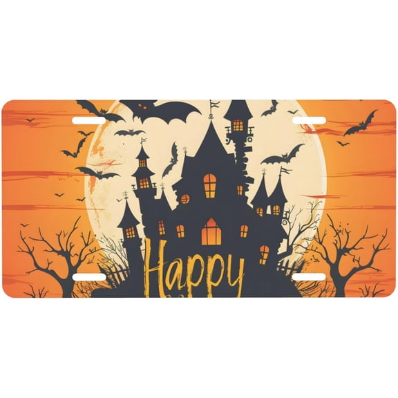 Designs of Sunset Castle Halloween Bat Novelty License Plate with Front Car Plate, Aluminum Metal, 4-Hole, 6 x 12 Inch