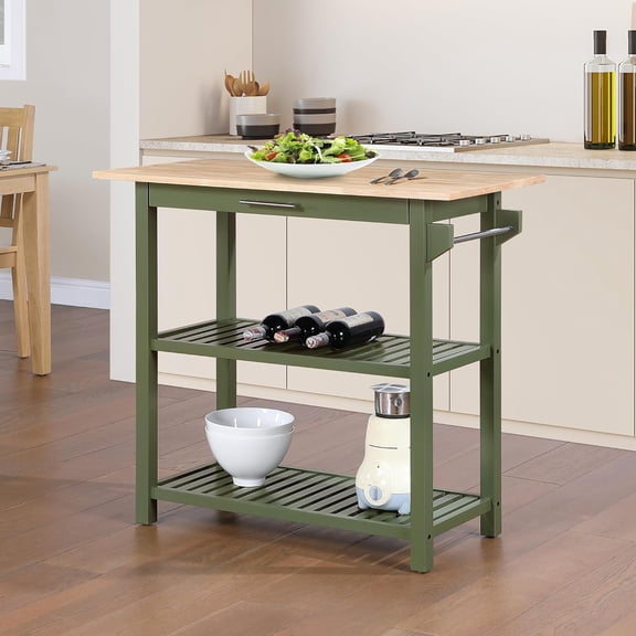 Designs2Go 3 Tier Butcher Block Kitchen Prep Island 40" - 3 Tier Modern Cooking Cart with Drawer, Food Serving Station for Kitchen, Dining Room, Dark Green Sage