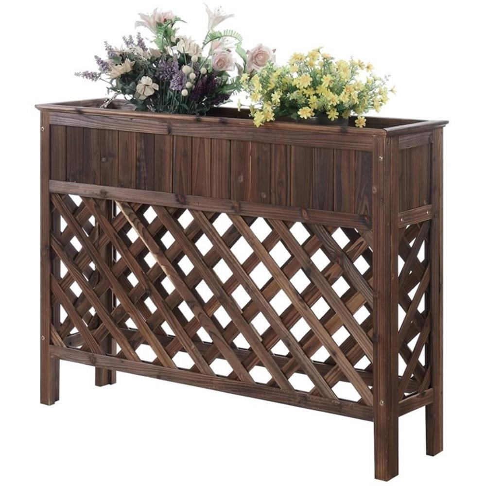 Comfort Height Outdoor Patio Planter with Bottom Lattice Design, Brown