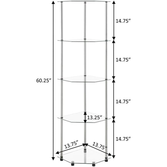 Designs2Go Classic Glass 5 Tier Corner Tower Media Storage Bookshelf for Living Room Bedroom Office