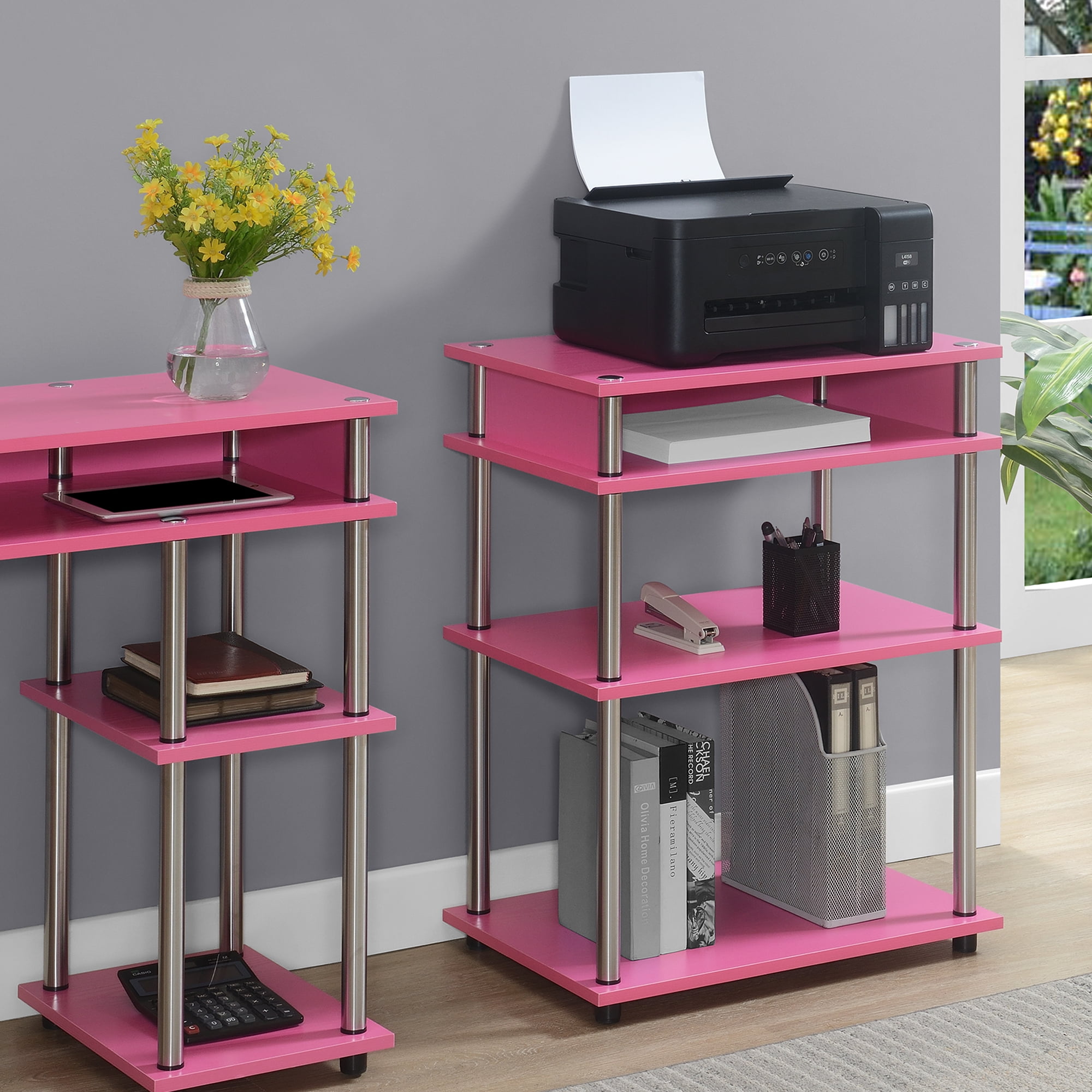 Pink Wood and Stainless Steel Four-Tier Printer Stand