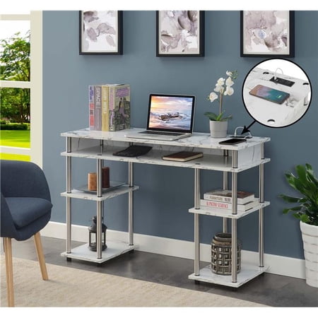 Designs2Go No Tools Student Desk with Charging Station, White Marble