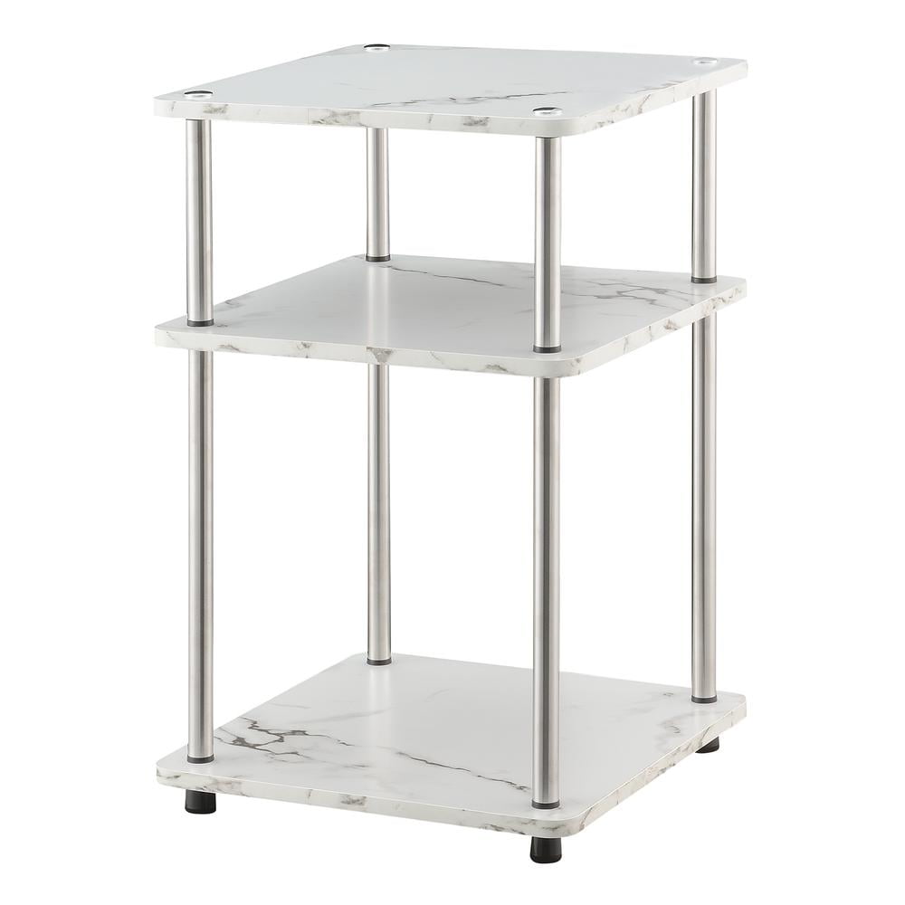 White Faux Marble Wood and Metal Three-Tier End Table