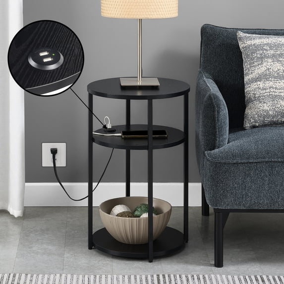 Convenience Concepts Designs2Go 24"x15.75" Simon 3-Tier End Table with USB Ports, Black/Black