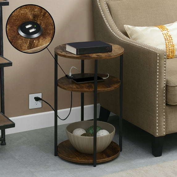 Convenience Concepts Designs2Go 24"x15.75" Simon 3-Tier End Table with USB Ports, Barnwood/Black