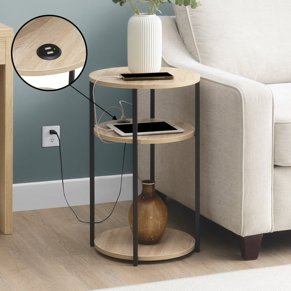 Convenience Concepts Designs2Go Simon 3 Tier End Table with USB Ports, Weathered White & Black