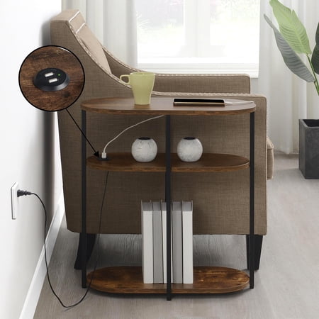 Designs2Go Simon Three-Tier Oval Chairside End Table w/USB Ports in Walnut Wood
