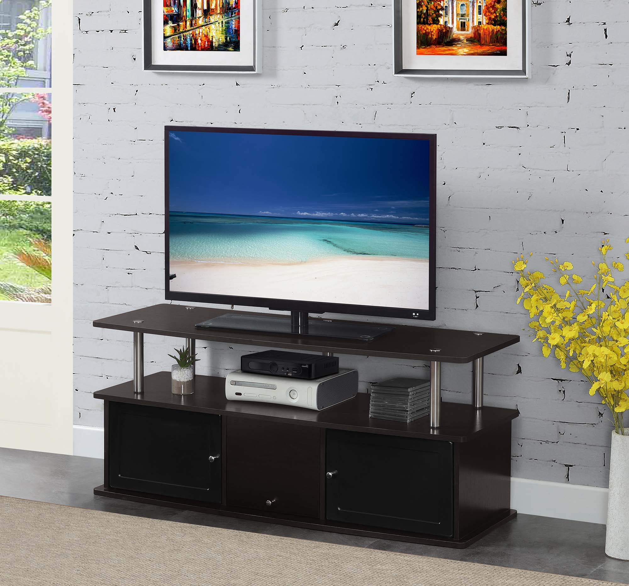 Designs2Go TV Stand with 3 Storage Cabinets and Shelf for TVs up to 55 inches, Espresso/Black