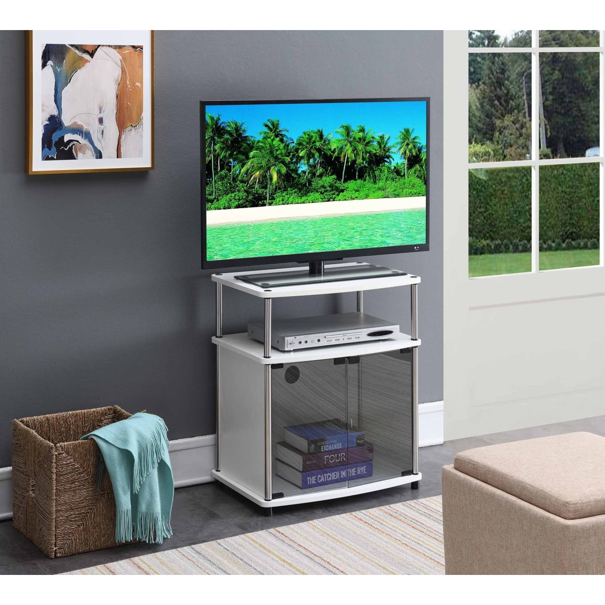 Designs2Go TV Stand with Black Glass White